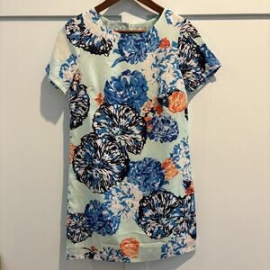 J Crew Dress Women 0 Blue Green Orange Floral Short Sleeve Lined Brunch Cocktail